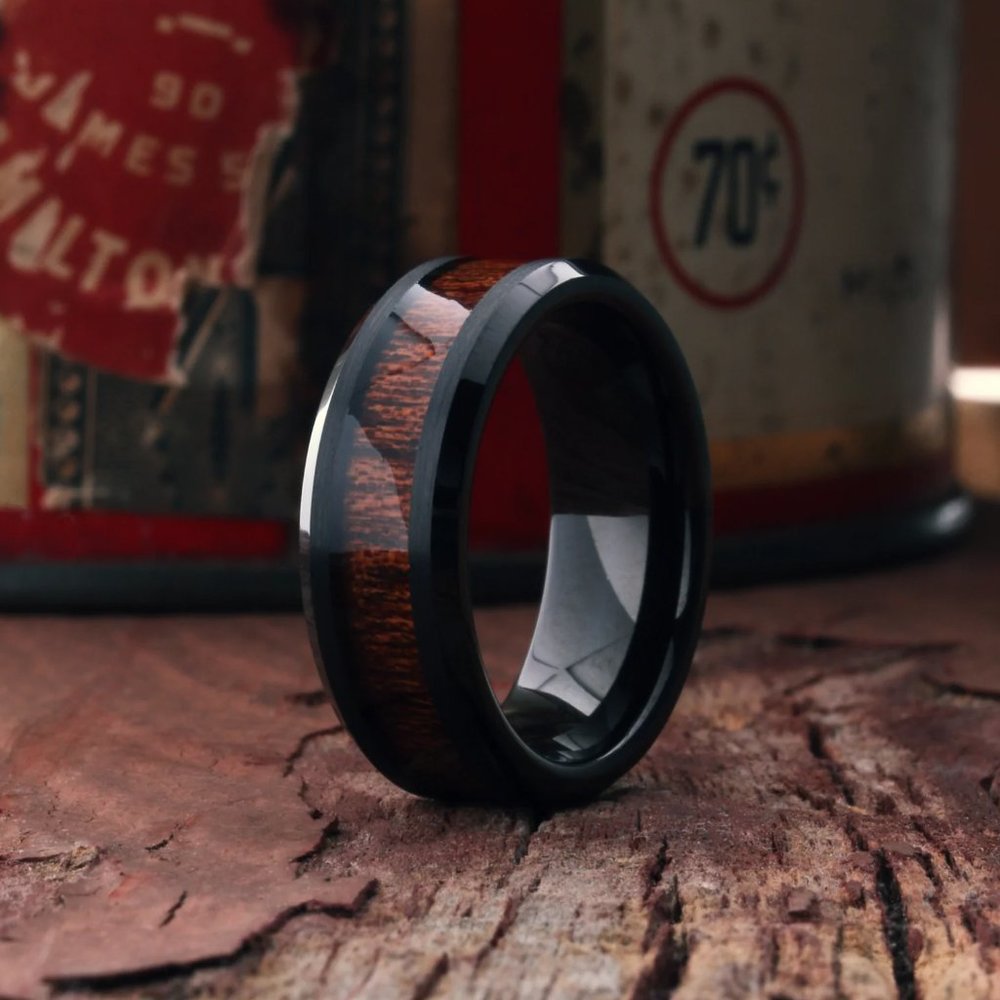 Men's Black Tungsten / Koa Wood Ring from Northern Royal, Size 9.5